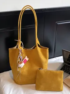 Retro, stylish, simple, one-shoulder, textured mother-and-child bag, cute puppy pendant with storage bag, double handle design, lightweight daily commuting shopping bag, soft commuter tote, small variety of colors available