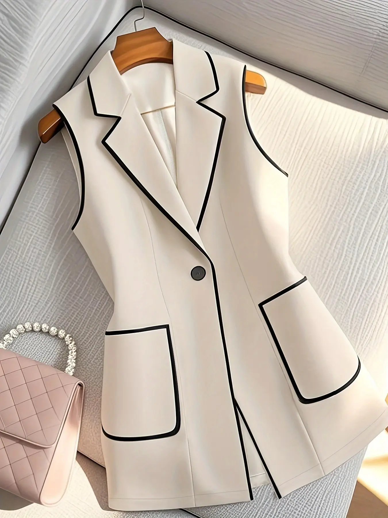 Elegant Colorblock Sleeveless Jacket for Women, Stylish Chic No-Sleeve Outerwear, Perfect for Casual and Formal Occasions, Business Attire Clothes, Spring, Womenswear