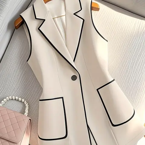 Elegant Colorblock Sleeveless Jacket for Women, Stylish Office Work Chic No-Sleeve Outerwear, Perfect for Casual and Formal Occasions, Business Attire Clothes, Spring, Womenswear