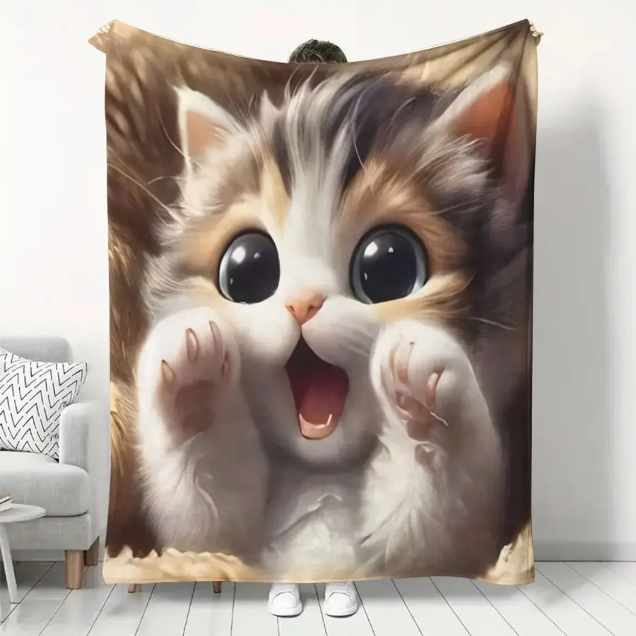Cute Big-Eyed Kitten Blanket – Soft Fleece Throw Blanket for Couch, Bed, Home Decor & Cat Lovers