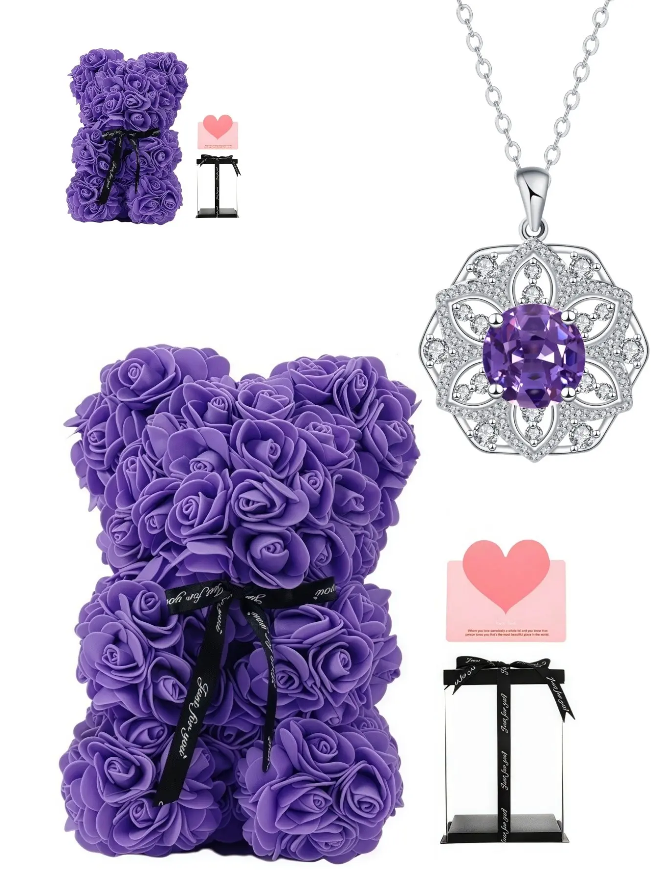 Purple Crystal Flower Cluster Diamond Emblem sparkling purple crystal & diamond Fashion Necklace, Shining Necklace, Comes with a preserved rose teddy bear gift box, Perfect gift for festivals, birthdays