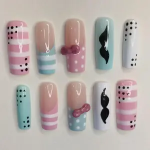 Pastel Bow & Polka Dot Press On Nails, Cute Stripes & Moustache Mix Set, Handmade Kawaii Nail Art