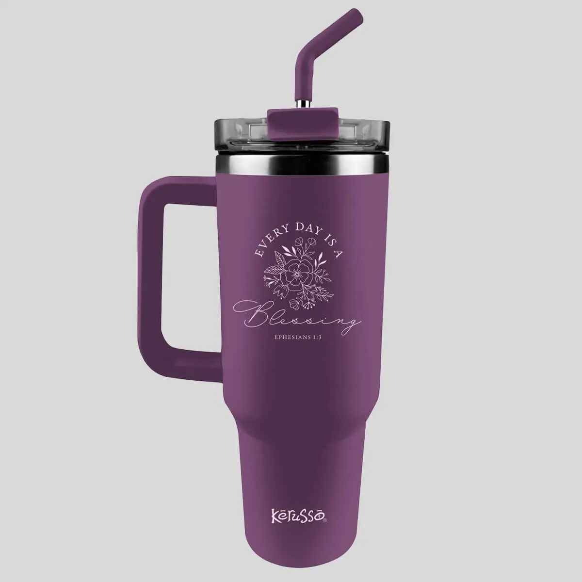 Kerusso 40 oz Vacuum Stainless Steel Mug with Straw, Blessing Design, Hand Wash Only