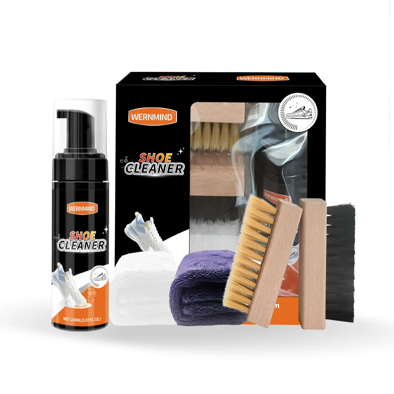 Shoe Cleaning Kit Set for Sneakers, Sneaker Stain Remover, Includes 2 Shoe Brushes and 2 Towels, Waterless Foam Cleaner for Athletic Footwear, Shoe Care Kit