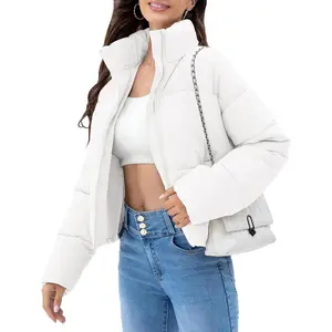 Women Cropped Quilted Puffer Jacket 2025 Winter Outerwear Coat Warm Full Zipper Padded Jacket