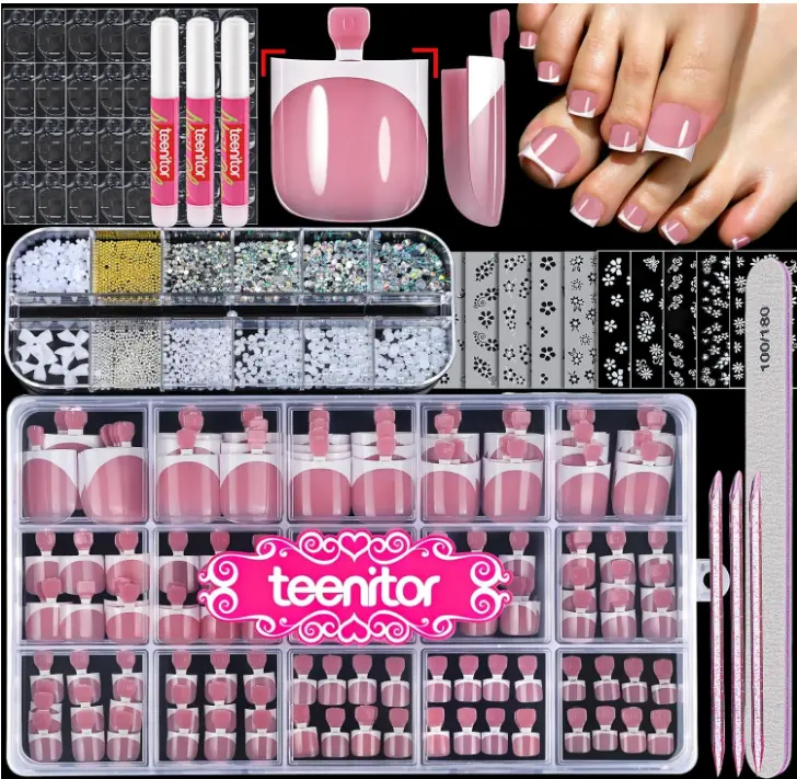 Teenitor Square Toe Nail Press Ons, 150pcs French Tip Press on Toenails with Nail Glue, Thick Toe Press on Nails Fake Toe Nails for Women, 15 Sizes Toe Nails Glue on with Nail Charms for DIY