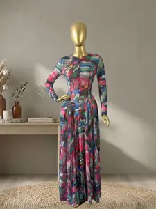 QFAF Women Long Sleeve Printed Maxi Dress, Button Front Slim Fit Design, Artistic Abstract Pattern, Aesthetics, Structured Waist Tailoring, Flowy Full Length Skirt, Formal Evening Dress for Valentine's Day, Holiday Party, 2026 New Arrival