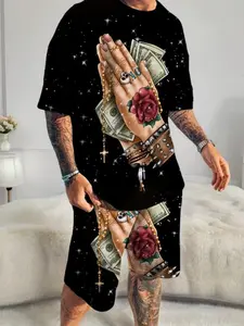 Men's Background 3D Printed Money Grip Round Neck Short Sleeve Fitted T-Shirt, Drawstring Shorts Set, Casual Summer, Breathable