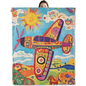 Colorful Airplane Blanket, Cozy Flannel Cartoon Patterned Plane Throw Blanket for Couch Outdoor, Plush Soft Lightweight Travel Blankets for , for Women Adults Kids .Thin Blanket Dream Workshop