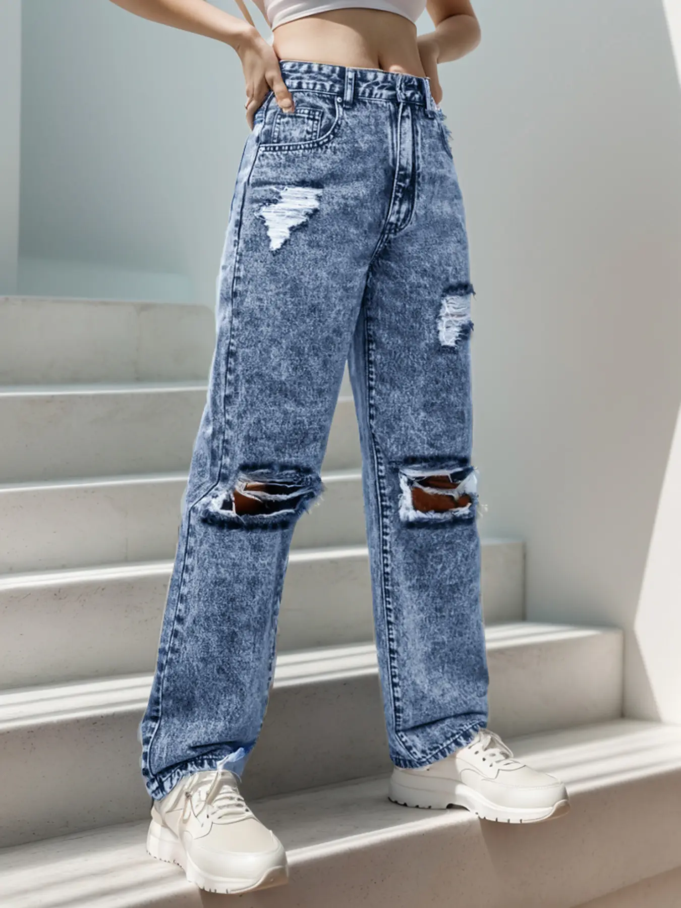 Women's Wide Leg Ripped Distressed Jeans - Comfortable, Soft, Breathable Casual Denim, Womenswear Bottoms