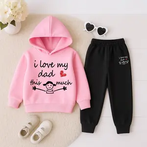 Girls' I Love Dad Print Hooded Tracksuit Set, Featuring A Fleece-Lined Hoodie And Sweatpants, Perfect For Sports, Casual Wear, And Jogging In Autumn And Winter, Suitable For Both Indoor And Outdoor Activities.
