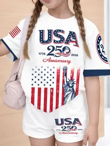 2-Piece Summer Teen Girl Casual Short Sleeve T-Shirt and Shorts Set, Usa Independence Day Colorblock Print, Floral Design, Perfect for Girls