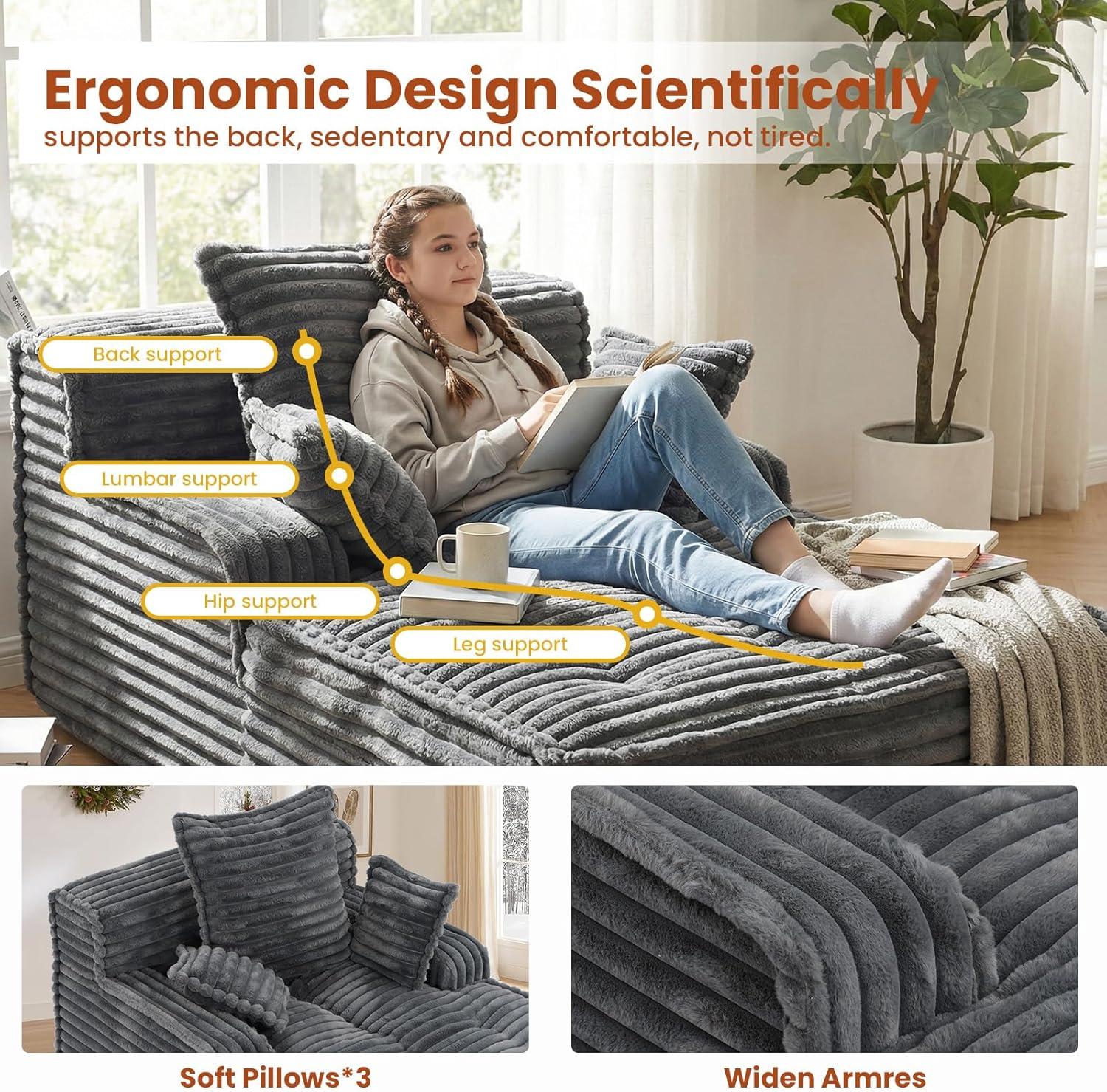 Winzoo Boneless Chaise Lounge Chair Indoor, Corduroy Small Boneless Sleeper Sofa with 3 Pillows & Wide Armrest, Fluffy Comfy Chase Lounge Indoor, Compression Boneless Couch for Living Room