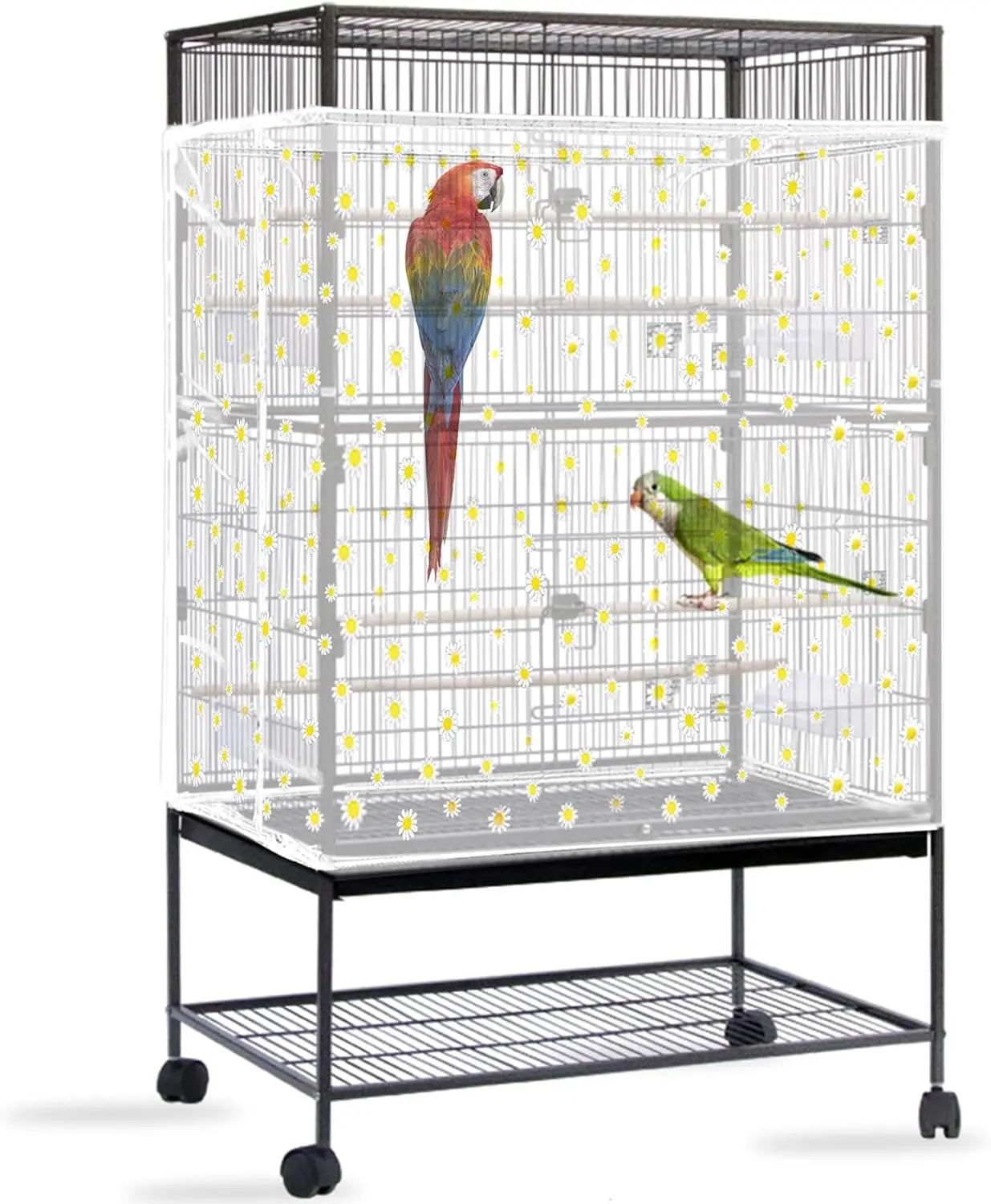 Bird Cage Seed Catcher, Large Bird Cage Cover, Adjustable Soft Airy Nylon Mesh Net, Birdcage Cover Skirt Seed Guard for Parrot Parakeet Macaw  Round Square Cages (White, Daisy Design)