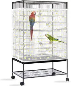 Bird Cage Seed Catcher, Large Bird Cage Cover, Adjustable Soft Airy Nylon Mesh Net, Birdcage Cover Skirt Seed Guard for Parrot Parakeet Macaw  Round Square Cages (White, Daisy Design)