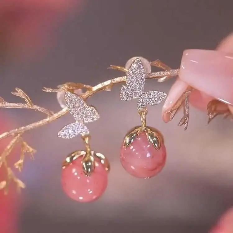 Ethereal Butterfly and Flower Pink Cat's Eye Stone Earrings for Women Full Rhinestone Butterfly Studs Elegant Light Ear Jewelry HNAN78