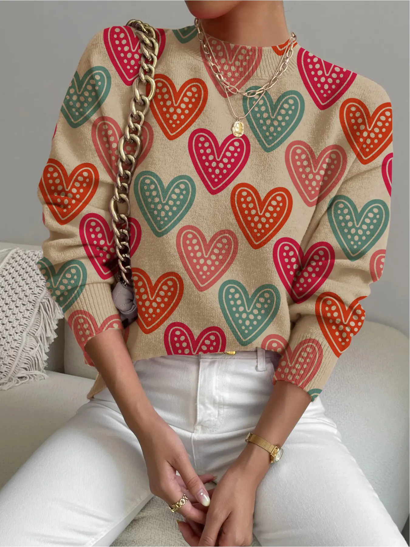 Women's Valentine's Day Heart Print Stand Collar Sweater, Fall Winter Casual Long Sleeve Knitwear, Comfortable Warm Daily Wear