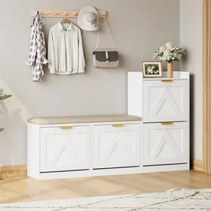 Garvee Shoe Storage Cabinet with Bench, 4 Flip-Drawer Entryway Shoe Organizer with Adjustable Left/Right, Cushioned Seat & Removable Shelves, Narrow Hallway Storage for 35-40 Pairs, White