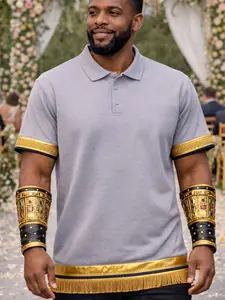 Hebrew Men’s Feast Day Polo Shirt with Gold Trim & Fringes – Biblical Inspired Apparel, Wedding & Event Wear, Royal Faith-Based Clothing