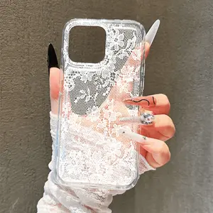Lace Floral Phone Case, Transparent Tpu Cover, Anti-Drop, Compatible with iPhone 11/12/13/14/15/16/17 Pro Max, Valentine's Day Gift