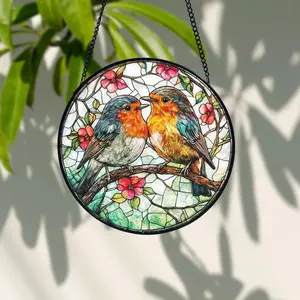 Robin Couple Stained Glass Suncatcher: Romantic Bird Window Hanging