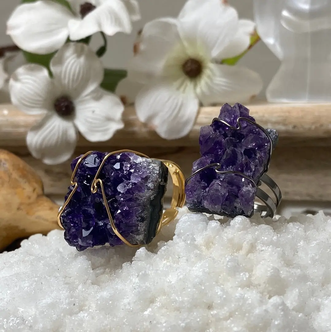 Wire-wrapped Adjustable Amethyst Druzy Ring