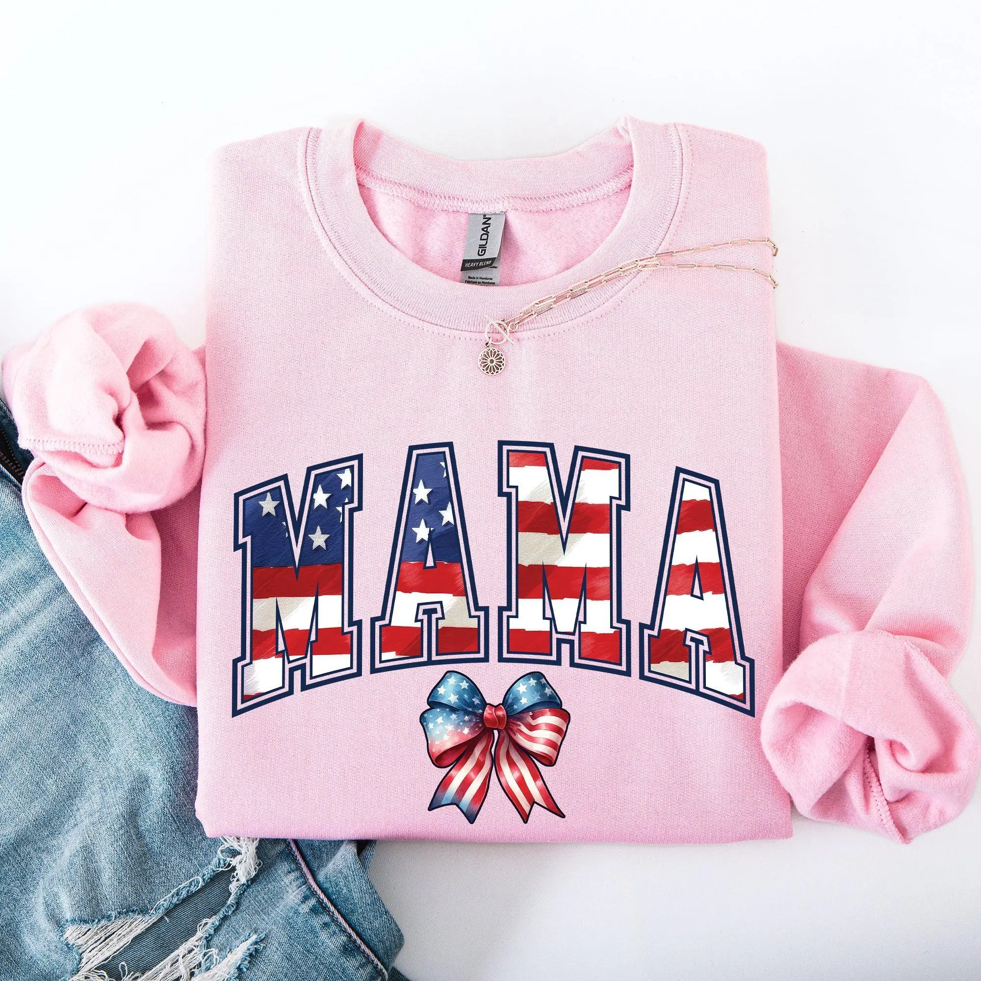 Mama USA Flag Patriotic Varsity Bow Ribbon America 4th Of July Americana Pride Sweatshirt