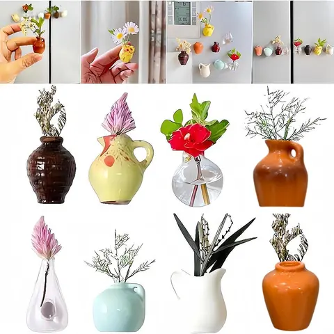 Mini Ceramic Vase Set, Decorative Flower Vase, Vases Home Decor, Creative DIY Design with Magnetic Fridge Decor, Home Decoration for Kitchen Metal Walls and Desktop Notes (No Plants), Home Decor Accessory