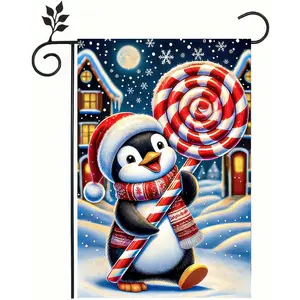Christmas Garden Flag 12x18 Inches - Cheerful Penguin with Candy Cane and Snowy Night Scene, Double-Sided Weatherproof Outdoor Decoration　for Garden, Lawn, and Porch
