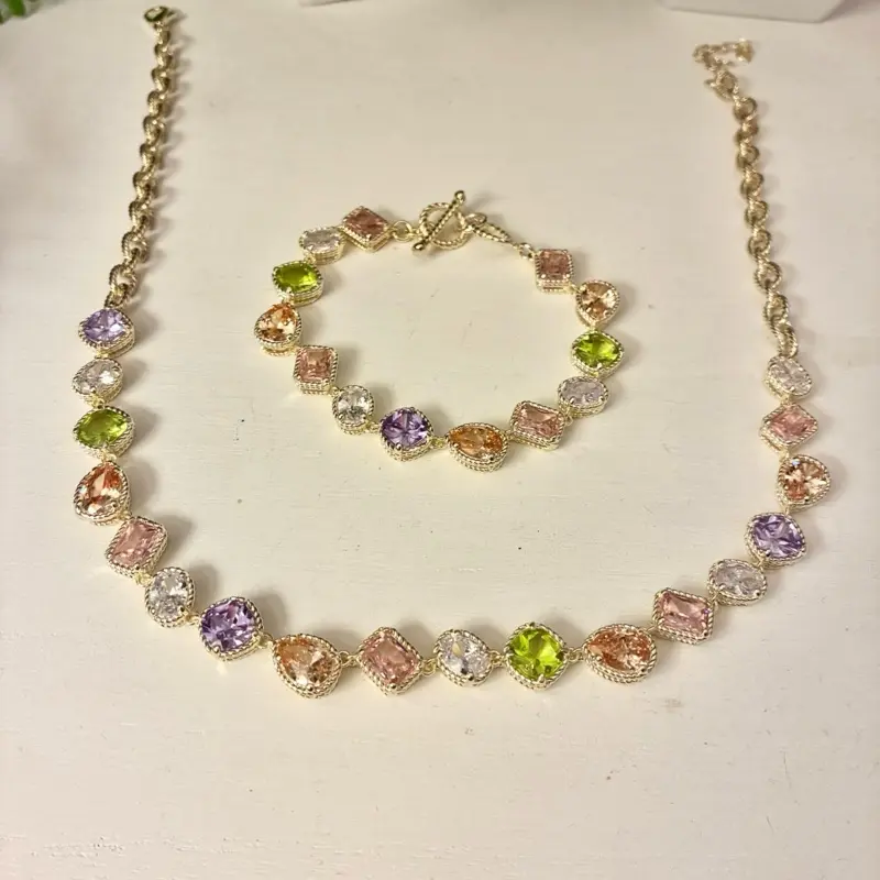 14k Multicolored Stone Bezel Jewel Candy Vibes Necklace and Bracelet Jewelry Set Gold Chain and Assorted Gemstones