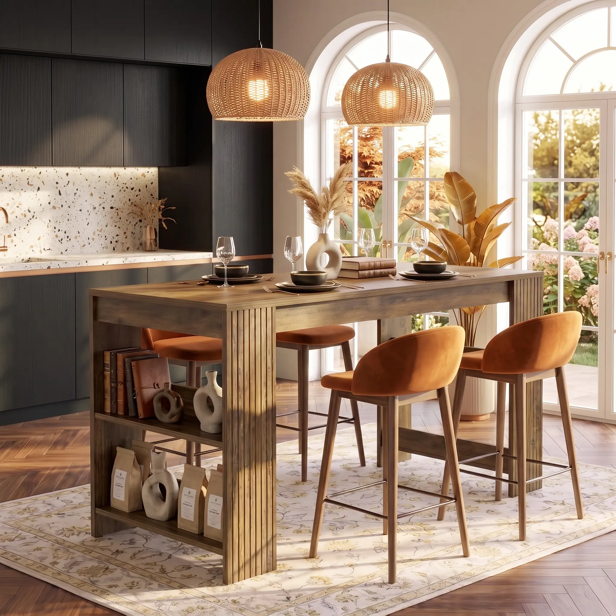 63 Inch Kitchen Island With Double-Sided Storage Shelves, Large Home Bar Table With Spacious Worktop, Rustic Kitchen Island Table For Dining Room & Kitchen