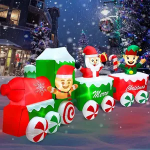 12 Ft Long 4 Ft Tall Christmas Inflatables Train Decorations with Santa Claus Gingerbread Man and Elf Blow Inflatables-in LED Lights for Garden Lawn Yard Decor Xmas Holiday Party