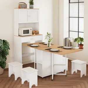 VOWNER 71” Tall Kitchen Pantry Storage Cabinet with Folding Dining Table Set, with Storage Drawers and Charging Station, Space Saving Multifunctional Cupboard for Small Place, 8 Wheels, White and Oak
