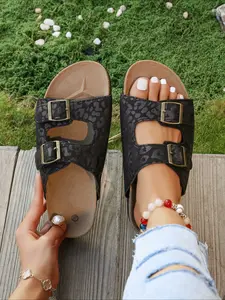 2026 Summer New Leopard Print Casual Outdoor Sandals for Women, Double Buckle, Cork Sole, Non-Slip, Open-Toe Slipper Footwear