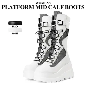 CYNLLIO Womens Platform Mid Calf Boots Chunky High Heel Rave Outfit Wedge Boots Goth Zipper Closure Lace Up Combat Round Toe Spring Motorcycle Boots