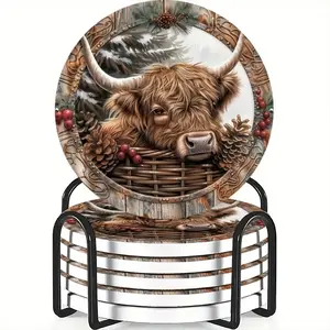 6-Piece Cup Mat Set, Country Highland Cow Christmas Wreath Design, Ceramic Non-Slip Heat Resistant, Ideal for Coffee & Drink Home Decor Gift, Coasters