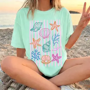 RodyThread Coastal Seashell Striped Graphic Oversized T-Shirt for Women Preppy Beachy Coastal Aesthetic Mint Green Blend Top With Pink Stripes Summer Vacation Ocean Core Starfish Coral Marine Girls VSCO Trendy Casual Tee