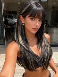 Black Blonde Highlight Layered Long Straight Synthetic Wig With Full Bangs, Natural Heat Resistant Full Head Hair Wig For Daily Wear