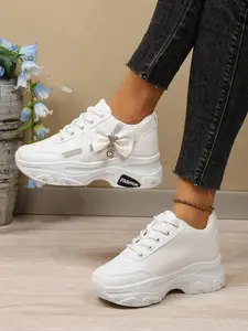 European Style Bow Rhinestone Heeled Dad Shoes, Lace-Up Thick Sole Casual Athletic Sneakers, Comfortable Daily Wear for Shopping and Travel, Walking Shoes