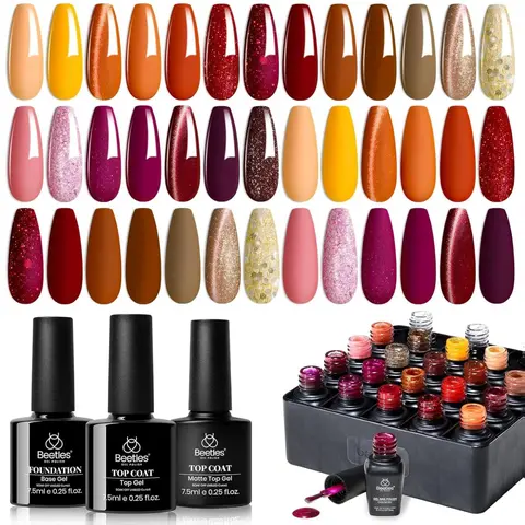 Beetles Colorful Fantasy Gel Nail Polish Set (5-20 Colors) - Autumn Aura Nail Care Kit with Burgundy, Red, Brown, Yellow, Orange, Purple, Cat Eye, Glitter, Soak-Off UV LED Curing, Base, Glossy & Matte Top Coats, Chip-Resistant Salon-Quality Gift for Women