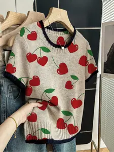 Heart Fruit Print Round Neck Sweater, Casual Short Sleeve Knitwear for Spring Summer Fall, Comfortable Warm Women's Clothing