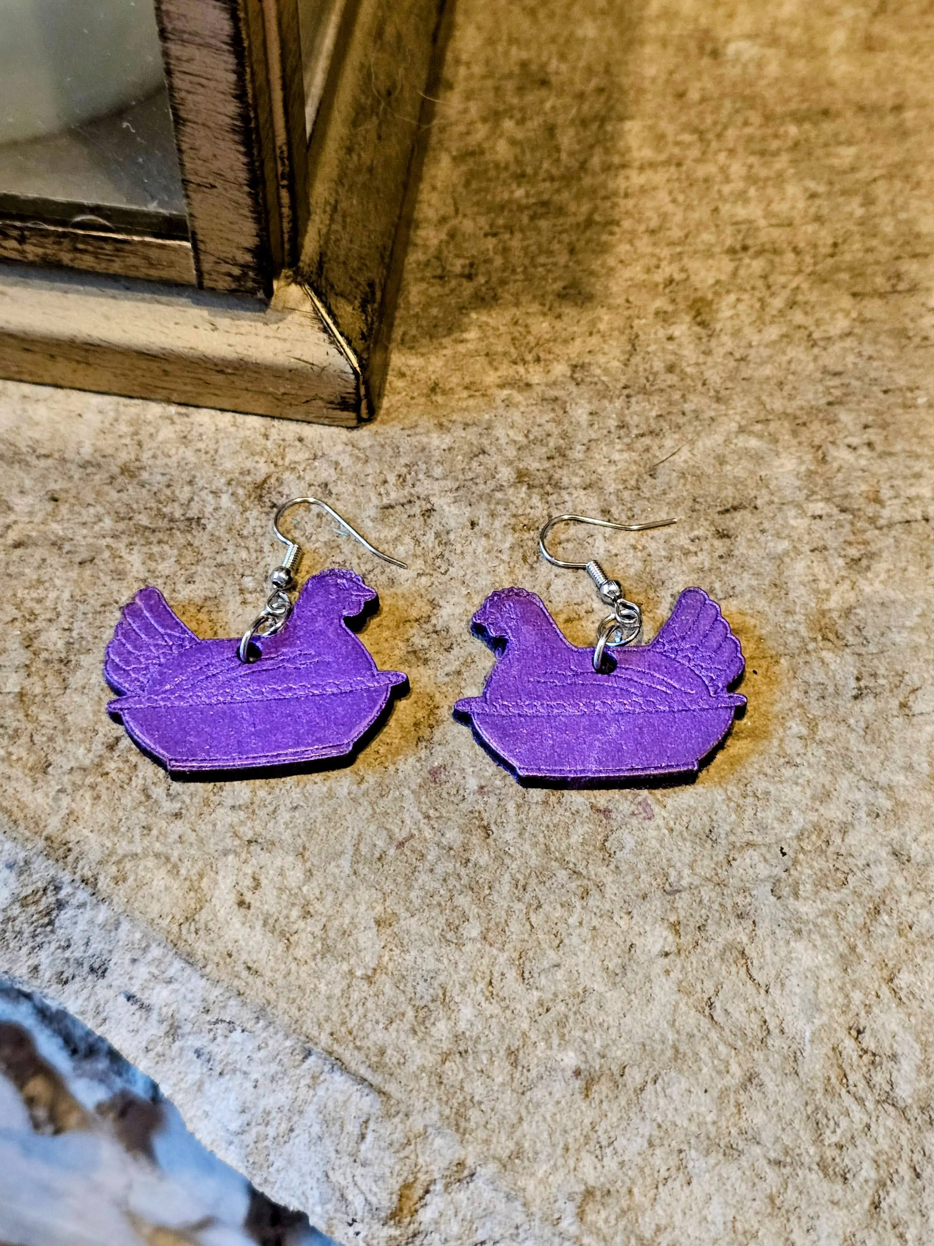 "Purple Iridescent" Hen On Nest Wooden Earrings- Handmade by Justin