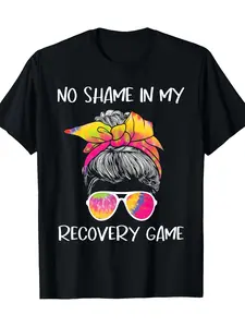 No Shame in My Recovery Game Sobriety AA NA Anniversary T-Shirt - 220g 100% Cotton Unisex Streetwear Tee with Vibrant Graphic Design, Round Neck & Short Sleeve for Men & Women