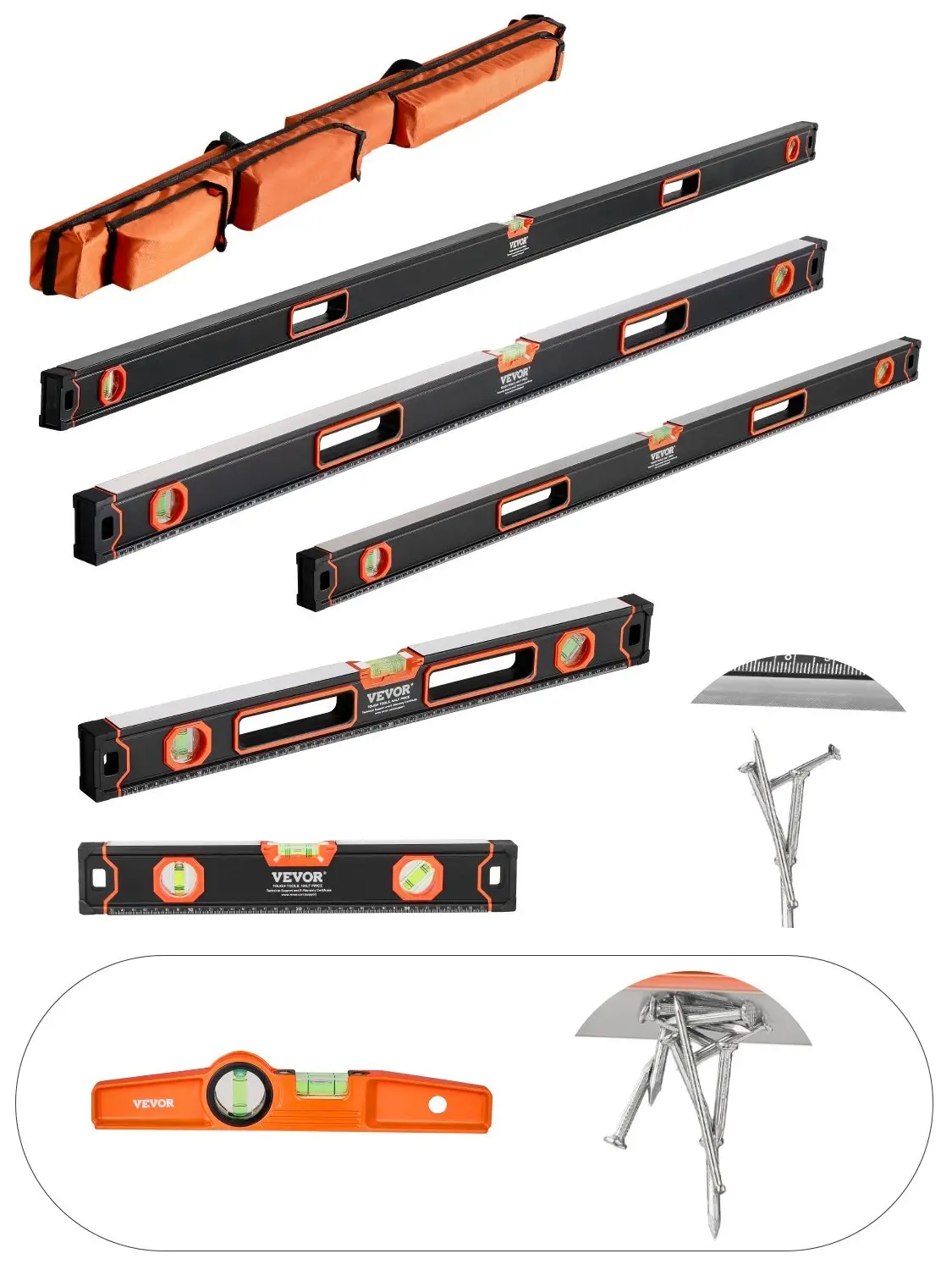 VEVOR 6-Piece Torpedo Level (Only 10-inch has magnetic), 78/48/32/24/16/10 Inch Box Levels Set, Bubble Vials Ruler for 45/90/180 Degree, Shock-Proof A