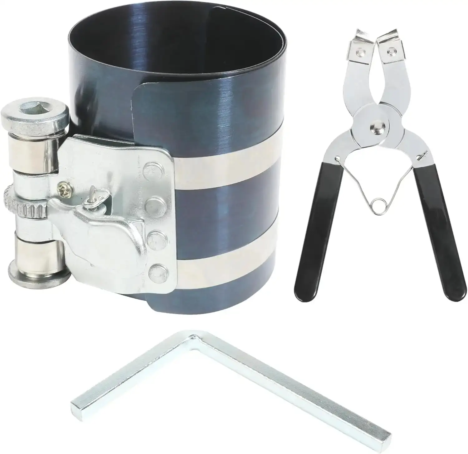 Piston Ring Compressor Tool,Car Accessories Car Engine Piston Ring Installer Removal Kit,Adjustable Sizes From 2-1/8" to 7",Compressor Tool and Piston Ring Pliers for Adjustable Safety Screws