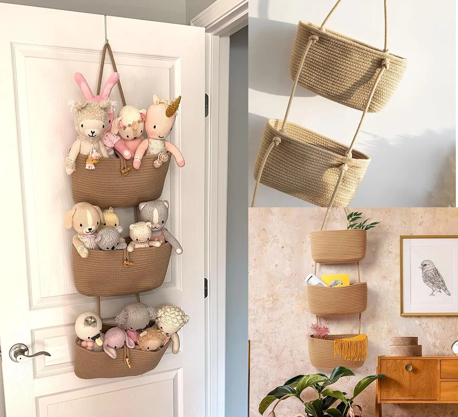 A 3-tier hanging storage basket, rustic-style handwoven storage basket, wall-mounted decorative basket, home decor, farmhouse style, creative detachable rope design for Valentine's Day, storage shelf