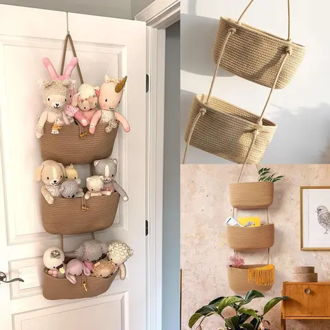 3-Tier Cotton Woven Wall-Mounted Storage Basket - Space-Saving Rustic Organizer with Detachable Rope Hangers, Room Storage, Decor Accent, Baby Nursery Solution, Nursery Decor, Small Item Holder, Mother's Day Gift Option, Storage Basket For Room