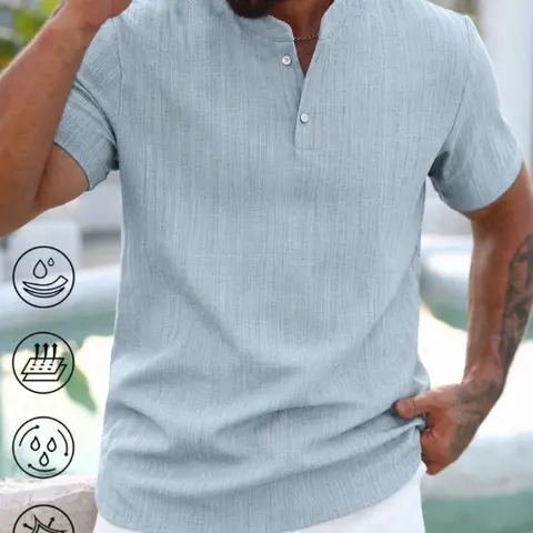 Men's Striped Short Sleeve Henley Collar Button Front Shirt - Stand Collar, Loose-Fitting, Breathable Polyester Elastane Summer T-Shirt, Business Casual Versatile Comfortable Top