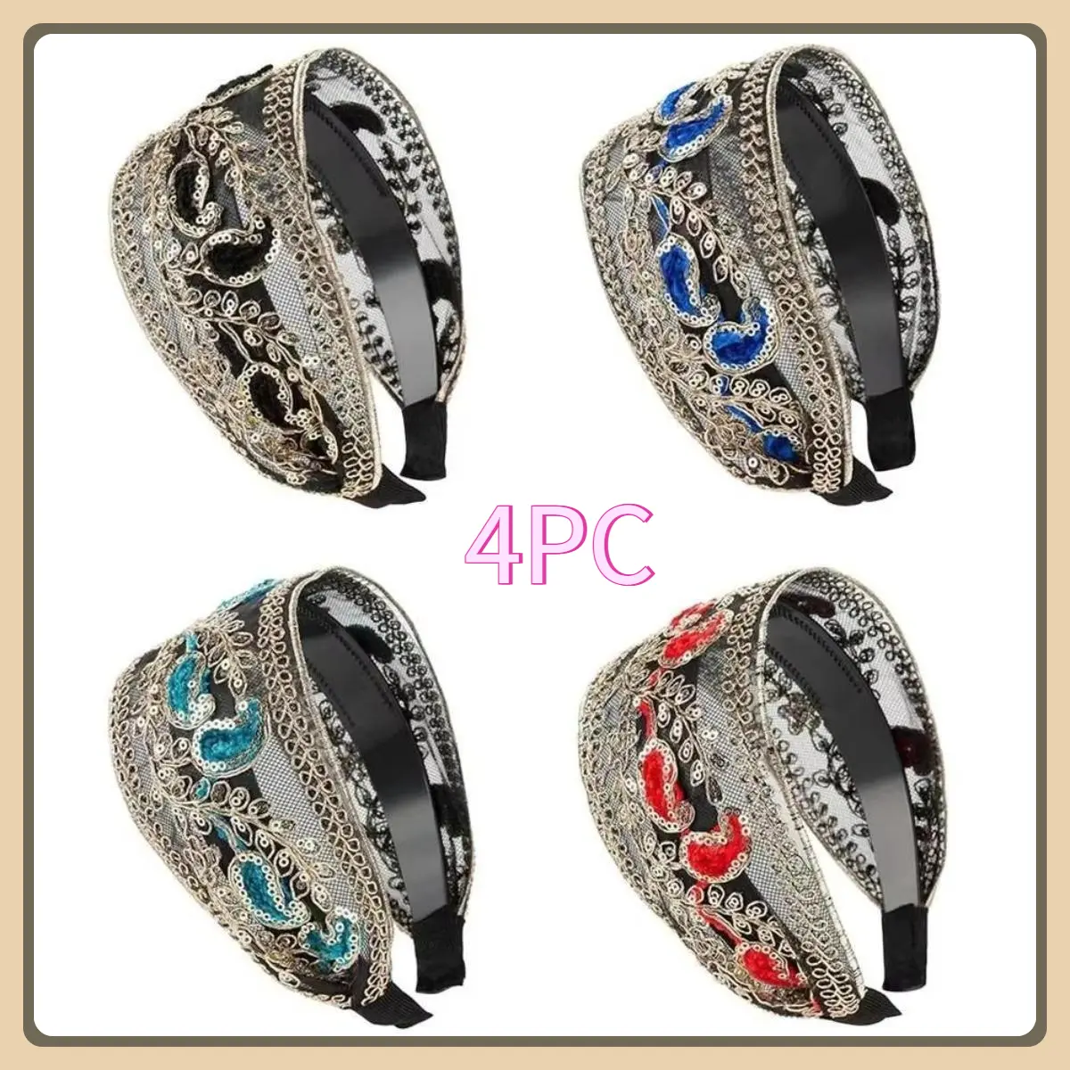 Women's 4-Piece Stylish Wide Headbands - Non-Slip Lace-Edged Party Accessory, Festive Supplies with Gray & Stray Strand Coverage