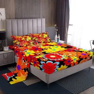Feelyou Retro Floral Boho Bedding Set - 60s-70s-80s Hippie Groovy Flower Decor, Breathable Sheets, Deep Pocket Fitted Sheet, Orange Luxury Decorative Bedsheet Sets